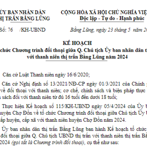 Kế hoạch tổ chức Chương trình đối thoại giữa Q. Chủ tịch Ủy ban nhân dân thị trấn với thanh niên thị trấn Bằng Lũng năm 2024
